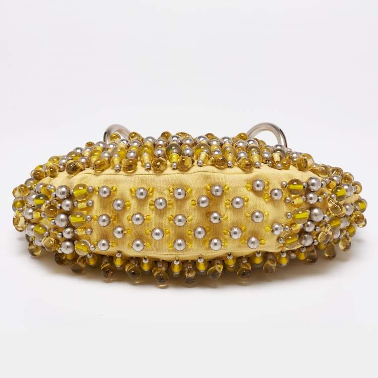 Pre Owned Chloe Yellow Canvas Beaded Embellished Crescent Hobo