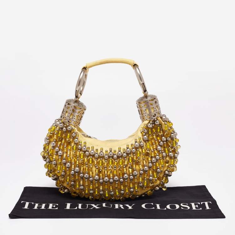 Pre Owned Chloe Yellow Canvas Beaded Embellished Crescent Hobo