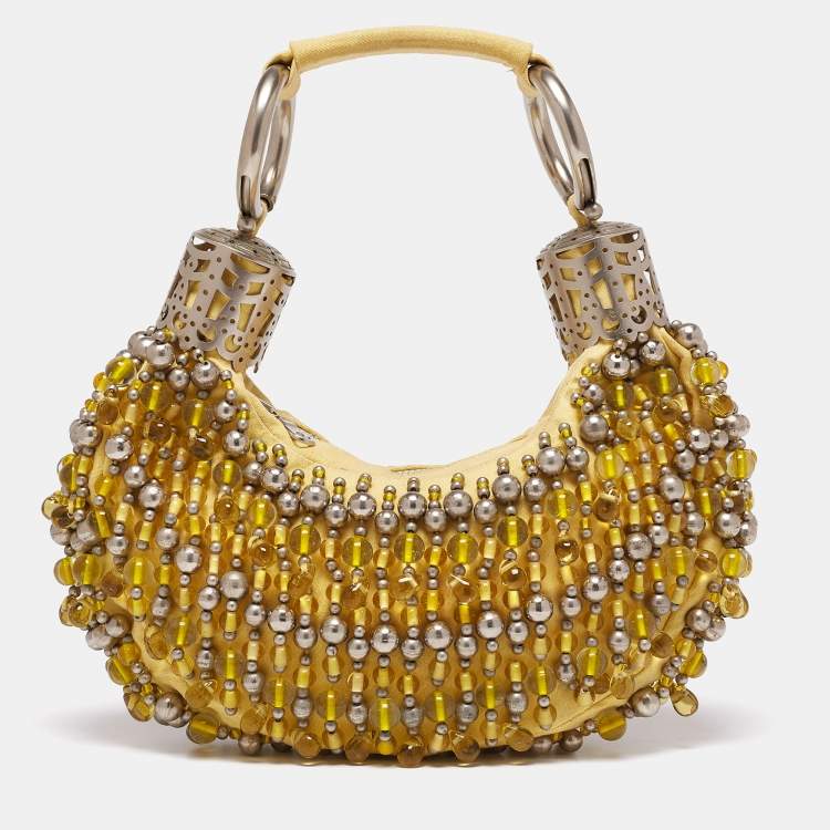 Pre Owned Chloe Yellow Canvas Beaded Embellished Crescent Hobo