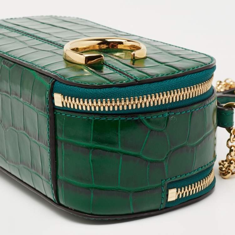 Pre Owned Chloe Green Croc Embossed Leather Mini C Vanity Shoulder Bag