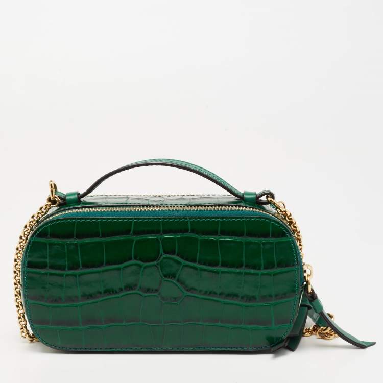 Pre Owned Chloe Green Croc Embossed Leather Mini C Vanity Shoulder Bag