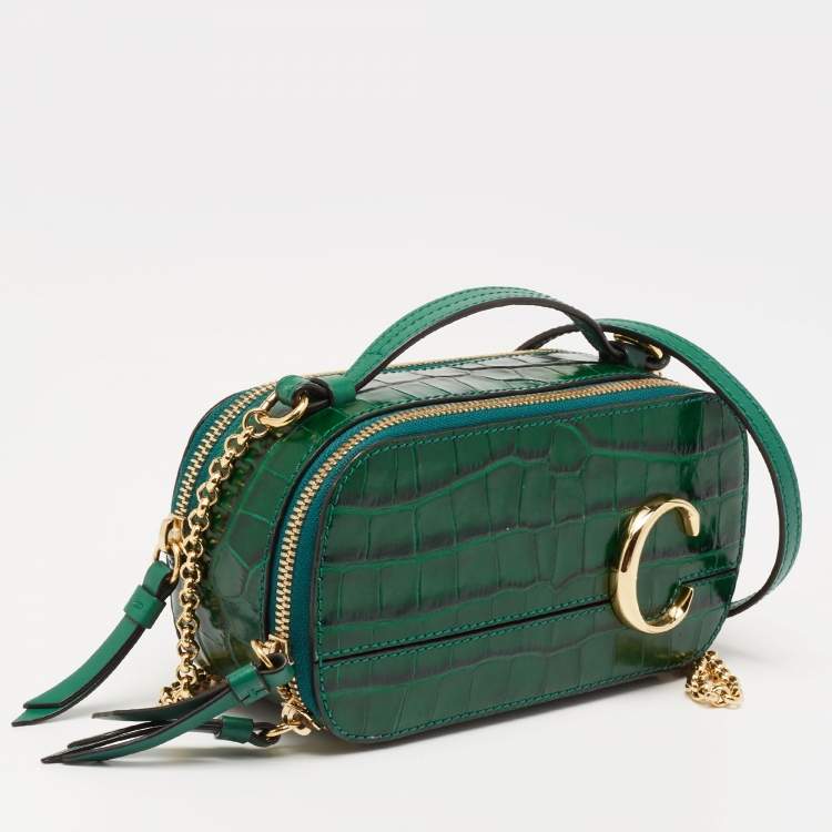 Pre Owned Chloe Green Croc Embossed Leather Mini C Vanity Shoulder Bag
