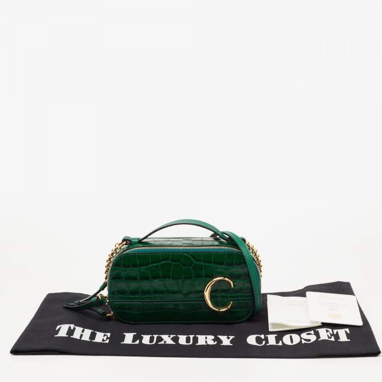 Pre Owned Chloe Green Croc Embossed Leather Mini C Vanity Shoulder Bag