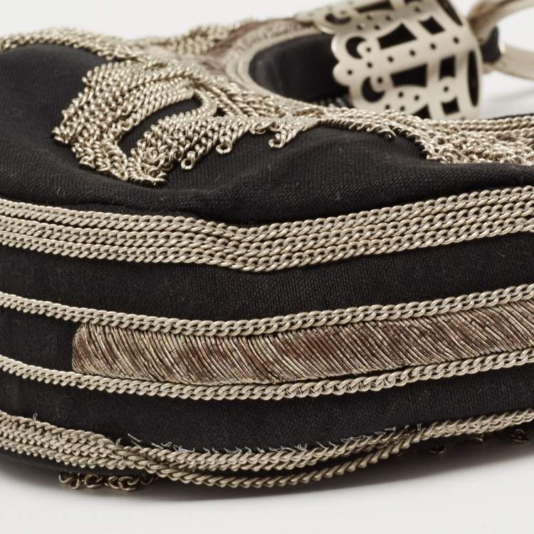 Pre Owned Chloe Black Canvas Chain Embellished Crescent Baguette