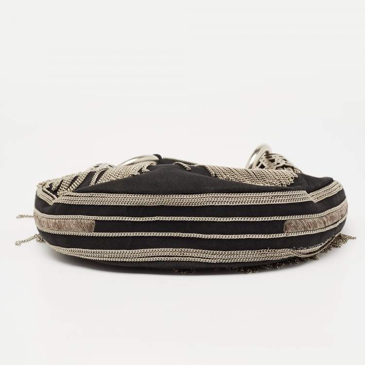 Pre Owned Chloe Black Canvas Chain Embellished Crescent Baguette