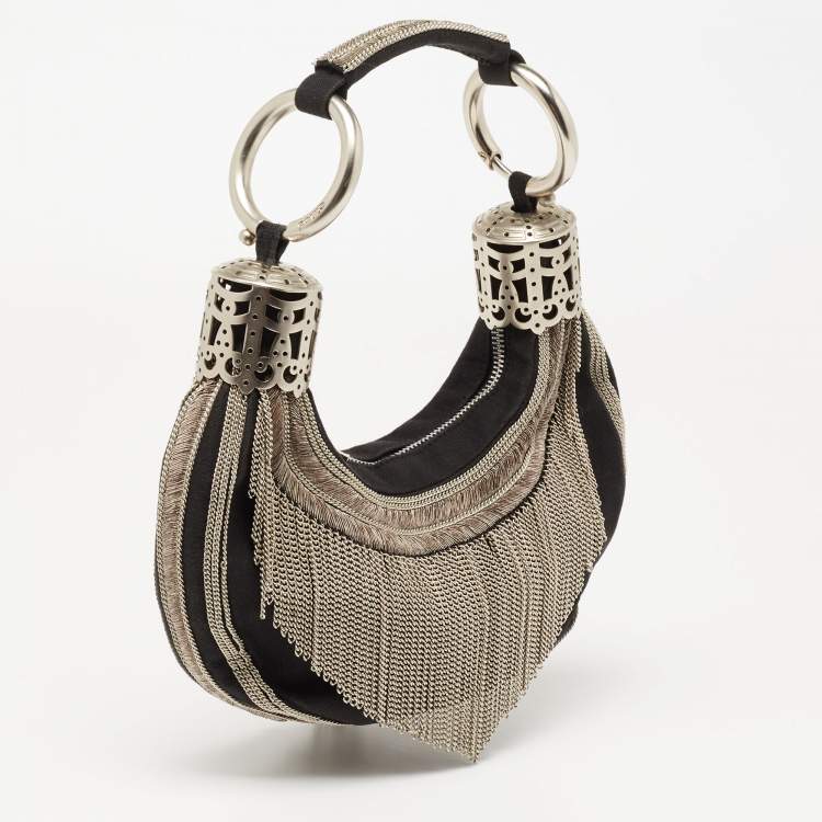 Pre Owned Chloe Black Canvas Chain Embellished Crescent Baguette