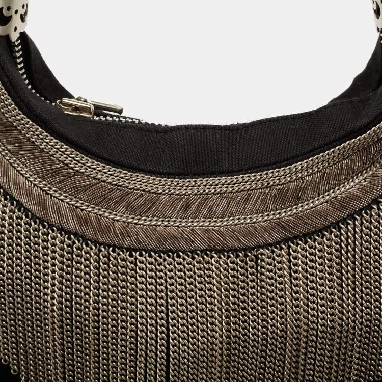 Pre Owned Chloe Black Canvas Chain Embellished Crescent Baguette