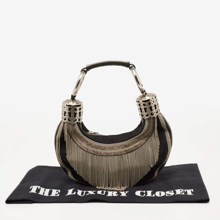 Pre Owned Chloe Black Canvas Chain Embellished Crescent Baguette