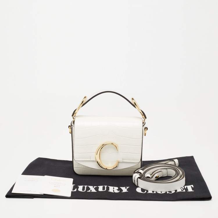 Pre Owned Chloe Off White Croc Embossed Leather Mini C Top Handle Bag