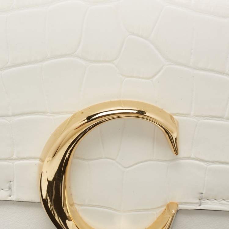 Pre Owned Chloe Off White Croc Embossed Leather Mini C Top Handle Bag