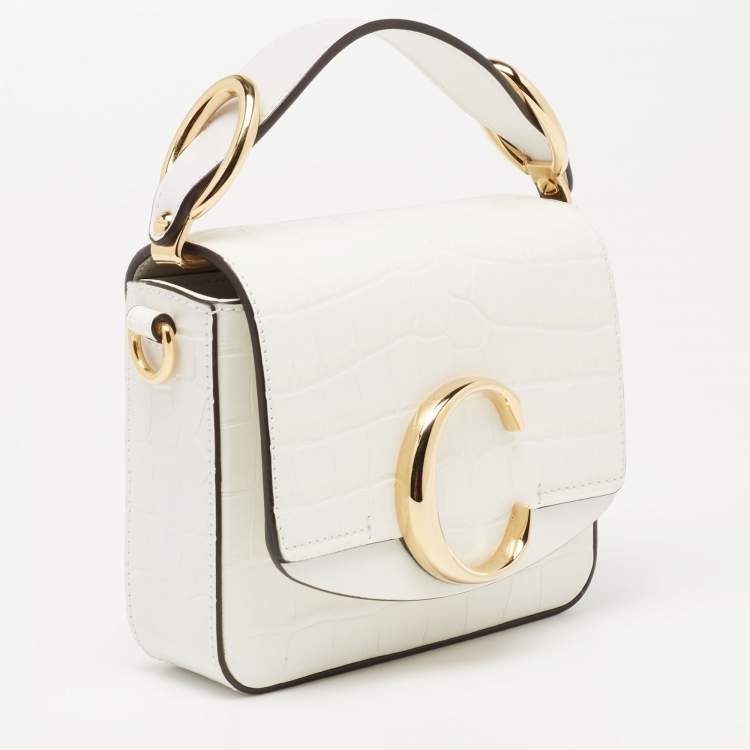Pre Owned Chloe Off White Croc Embossed Leather Mini C Top Handle Bag