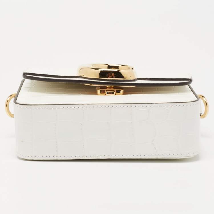 Pre Owned Chloe Off White Croc Embossed Leather Mini C Top Handle Bag