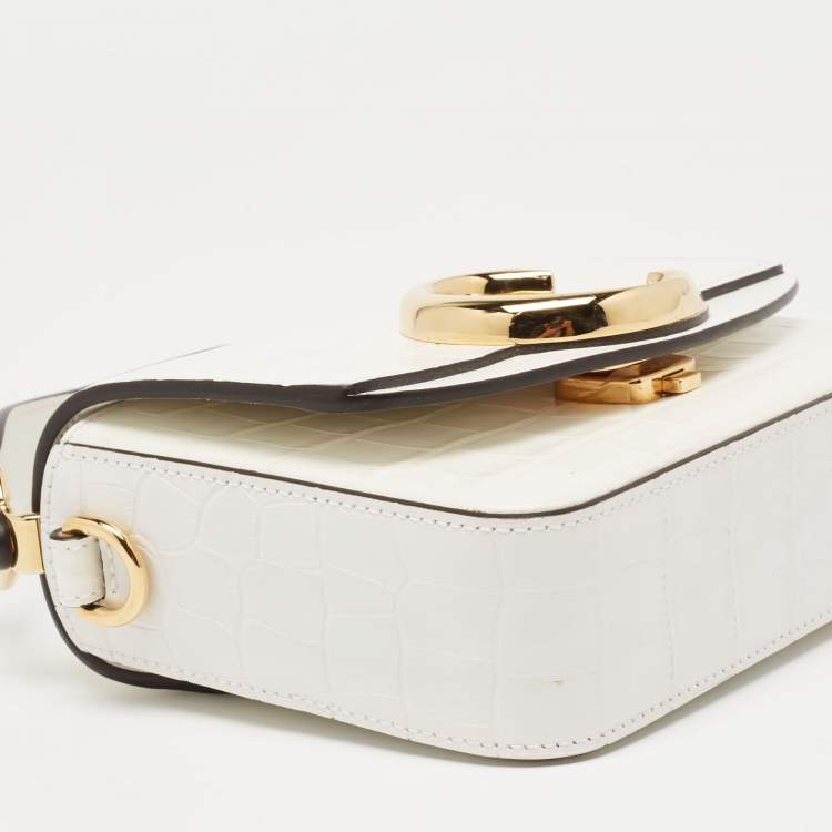 Pre Owned Chloe Off White Croc Embossed Leather Mini C Top Handle Bag