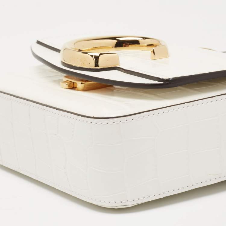 Pre Owned Chloe Off White Croc Embossed Leather Mini C Top Handle Bag