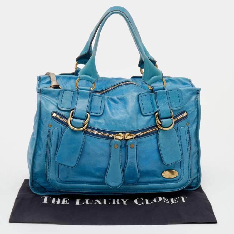 مملوكة مسبقًا Chloe Blue Leather Large Bay Satchel 