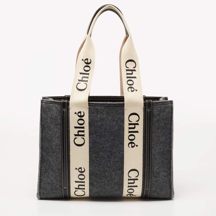 Pre Owned Chloe Grey/Black Wool and Leather Medium Woody Tote