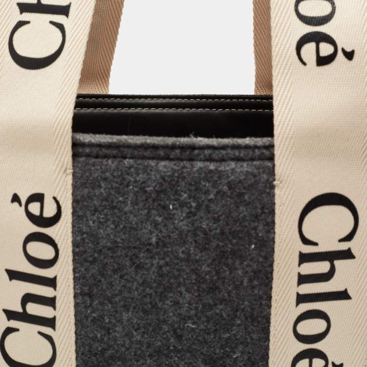 Pre Owned Chloe Grey/Black Wool and Leather Medium Woody Tote