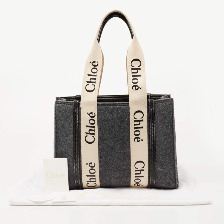 Pre Owned Chloe Grey/Black Wool and Leather Medium Woody Tote
