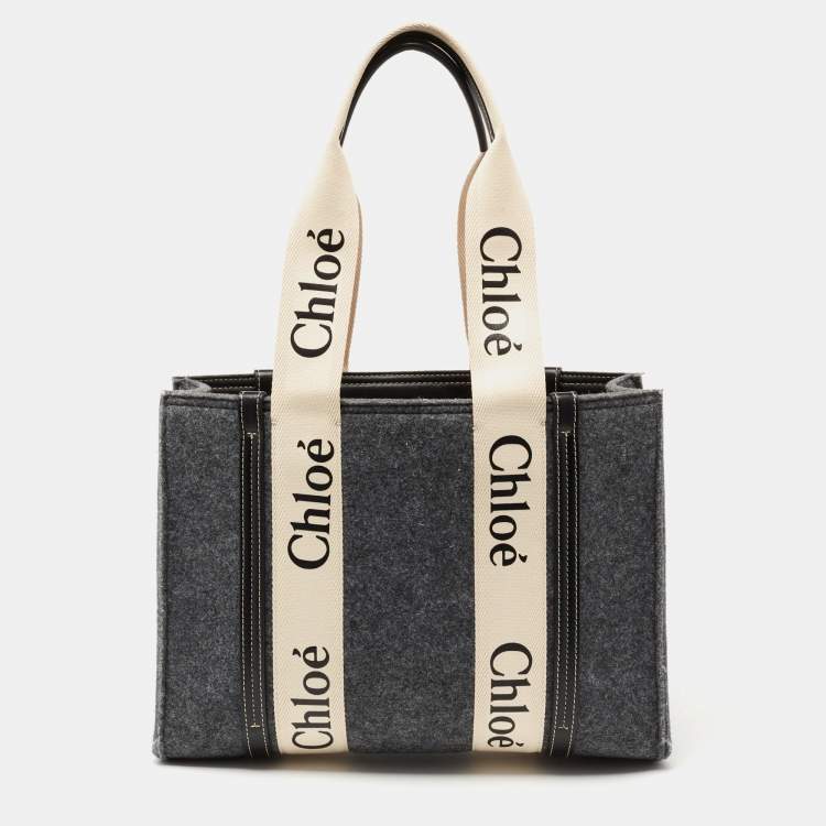 Pre Owned Chloe Grey/Black Wool and Leather Medium Woody Tote