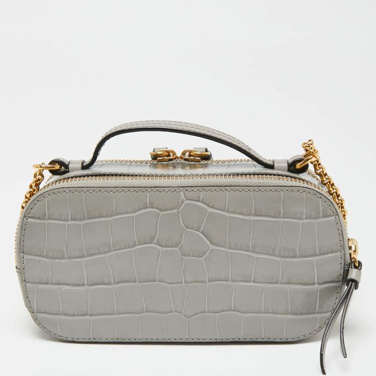 Pre Owned Chloe Grey Croc Embossed Leather C Vanity Crossbody Bag
