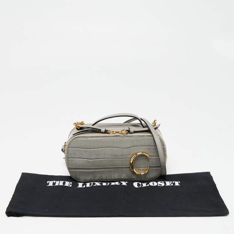 Pre Owned Chloe Grey Croc Embossed Leather C Vanity Crossbody Bag