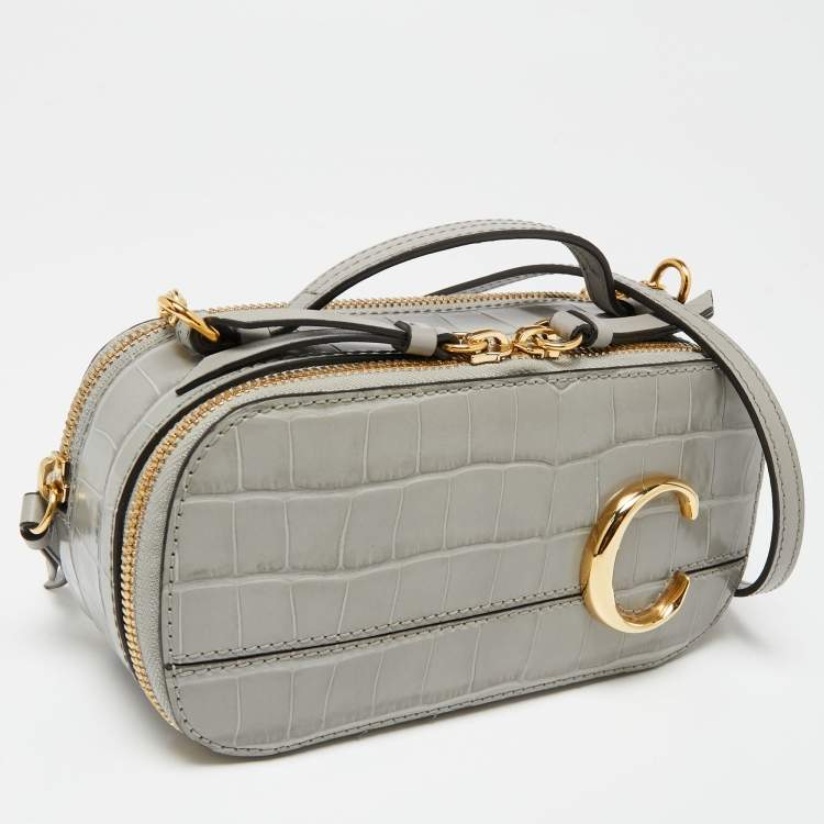 Pre Owned Chloe Grey Croc Embossed Leather C Vanity Crossbody Bag