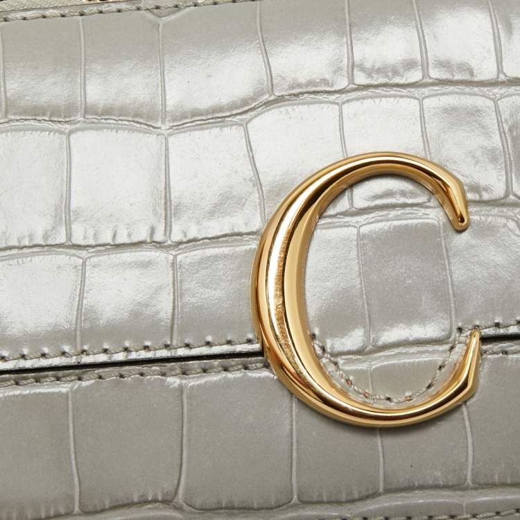 Pre Owned Chloe Grey Croc Embossed Leather C Vanity Crossbody Bag