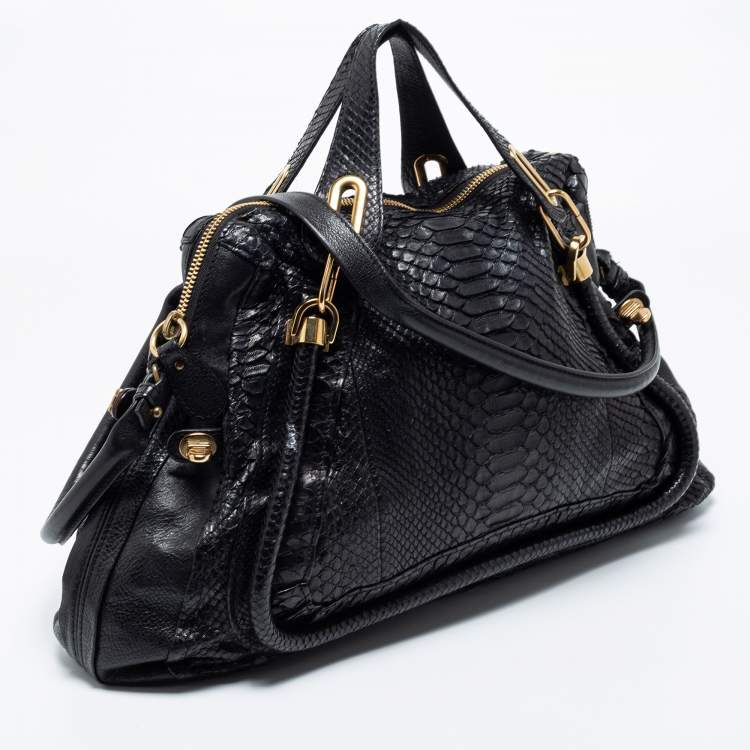 Pre Owned Chloe Black Python and Leather Large Paraty Shoulder Bag