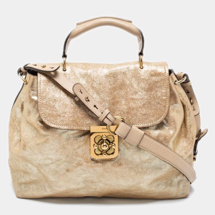 Pre Owned Chloe Gold Crinkled Glossy Leather Elsie Top Handle Bag