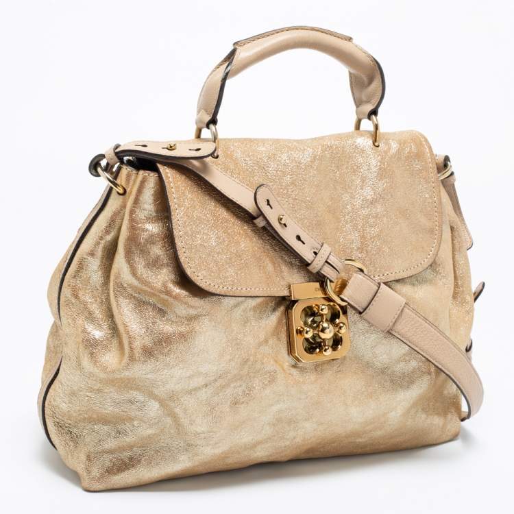 Pre Owned Chloe Gold Crinkled Glossy Leather Elsie Top Handle Bag