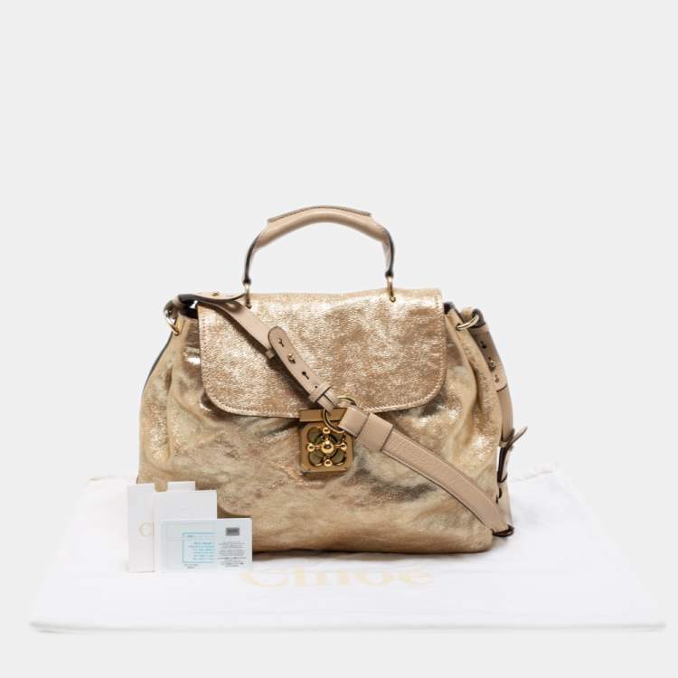 Pre Owned Chloe Gold Crinkled Glossy Leather Elsie Top Handle Bag