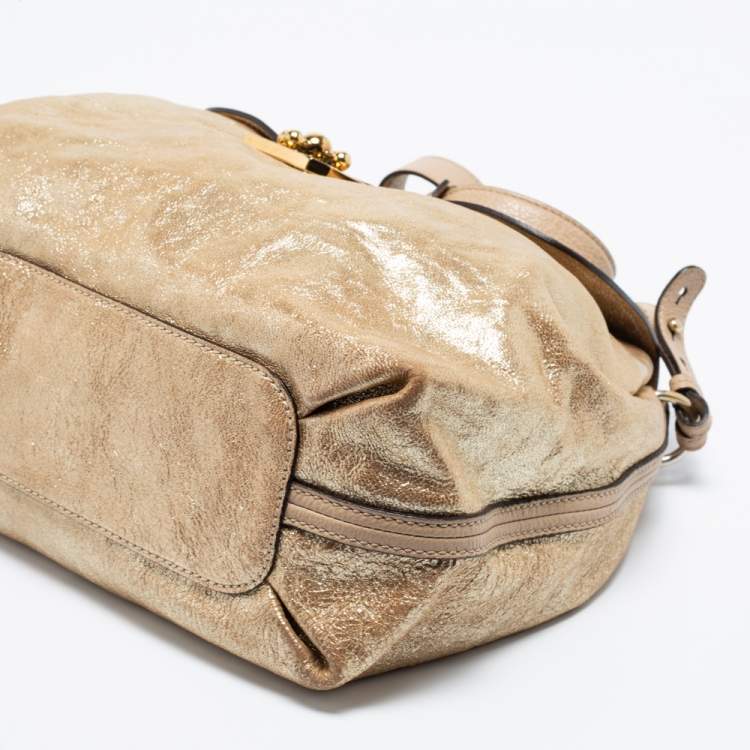 Pre Owned Chloe Gold Crinkled Glossy Leather Elsie Top Handle Bag