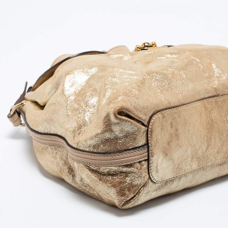 Pre Owned Chloe Gold Crinkled Glossy Leather Elsie Top Handle Bag