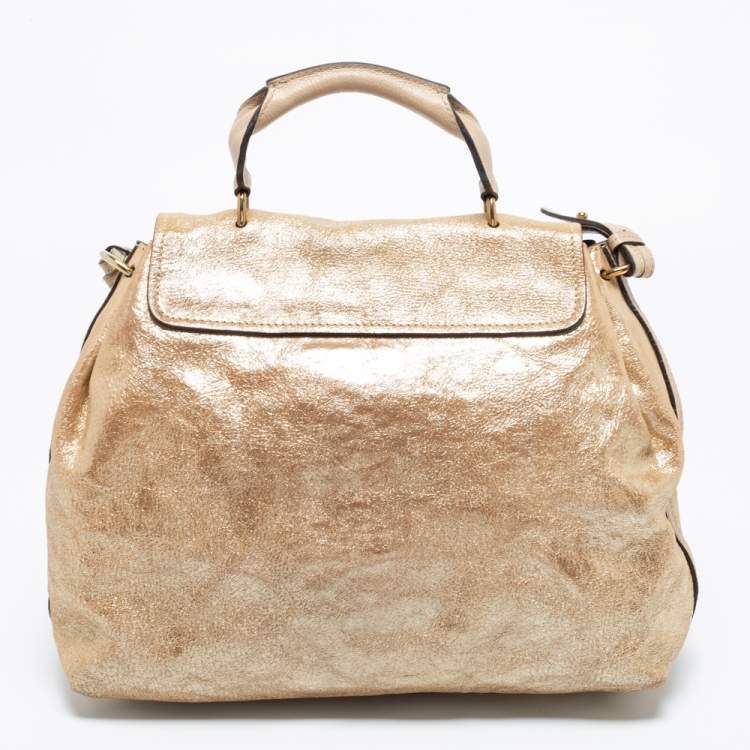 Pre Owned Chloe Gold Crinkled Glossy Leather Elsie Top Handle Bag