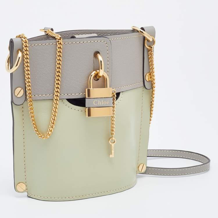 Pre Owned Chloe Green/Grey Leather Padlock Chain Bucket Bag