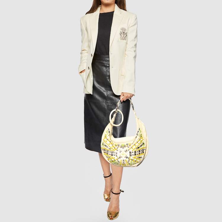 Pre Owned Chloe Cream Canvas and Leather Crystal Embellished Crescent Hobo