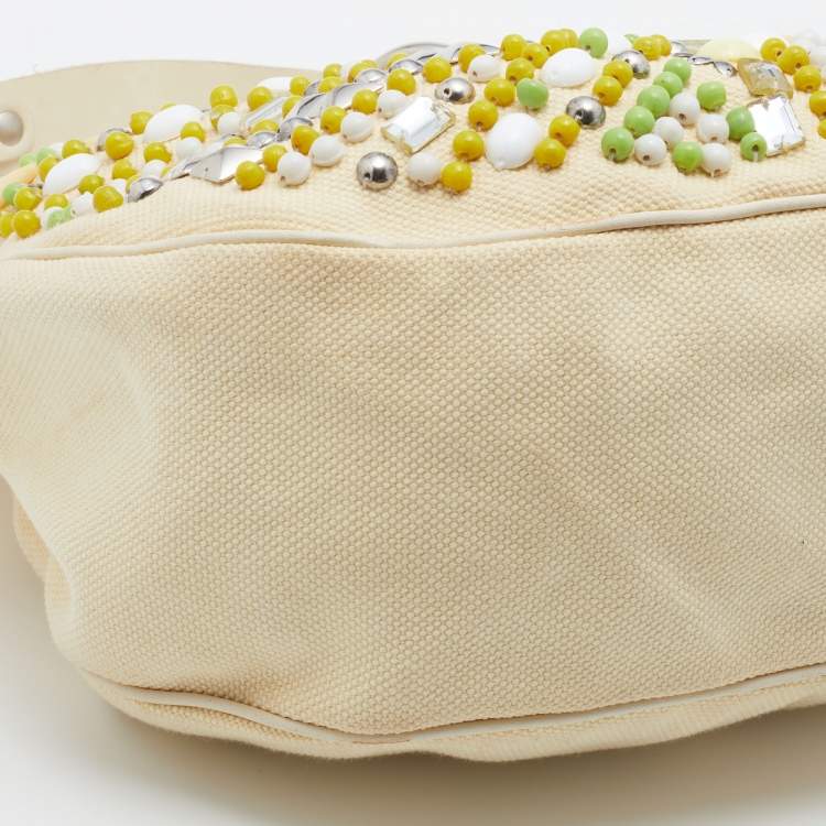 Pre Owned Chloe Cream Canvas and Leather Crystal Embellished Crescent Hobo