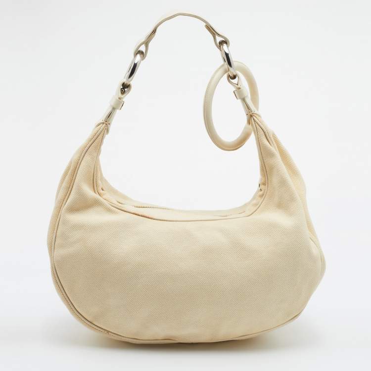 Pre Owned Chloe Cream Canvas and Leather Crystal Embellished Crescent Hobo