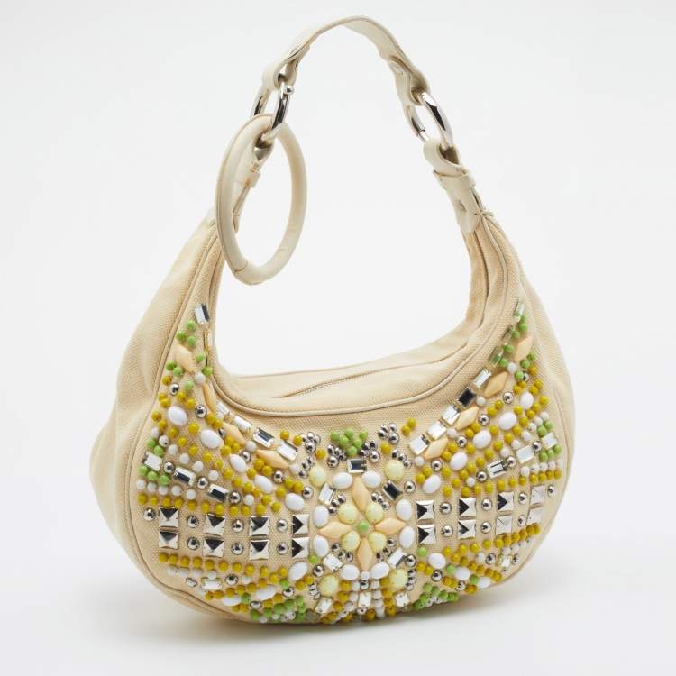 Pre Owned Chloe Cream Canvas and Leather Crystal Embellished Crescent Hobo