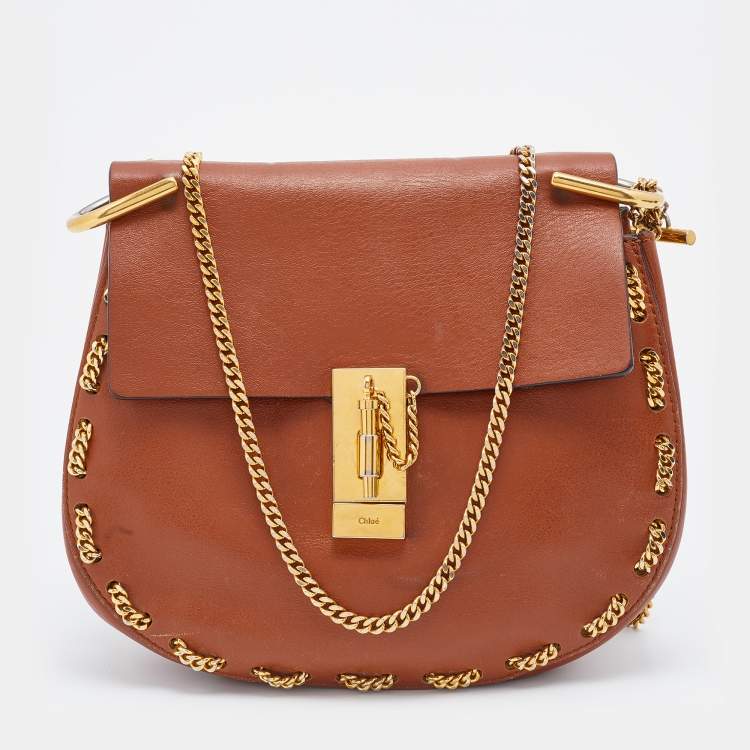 Pre Owned Chloe Brown Leather Medium Chain Detail Drew Shoulder Bag