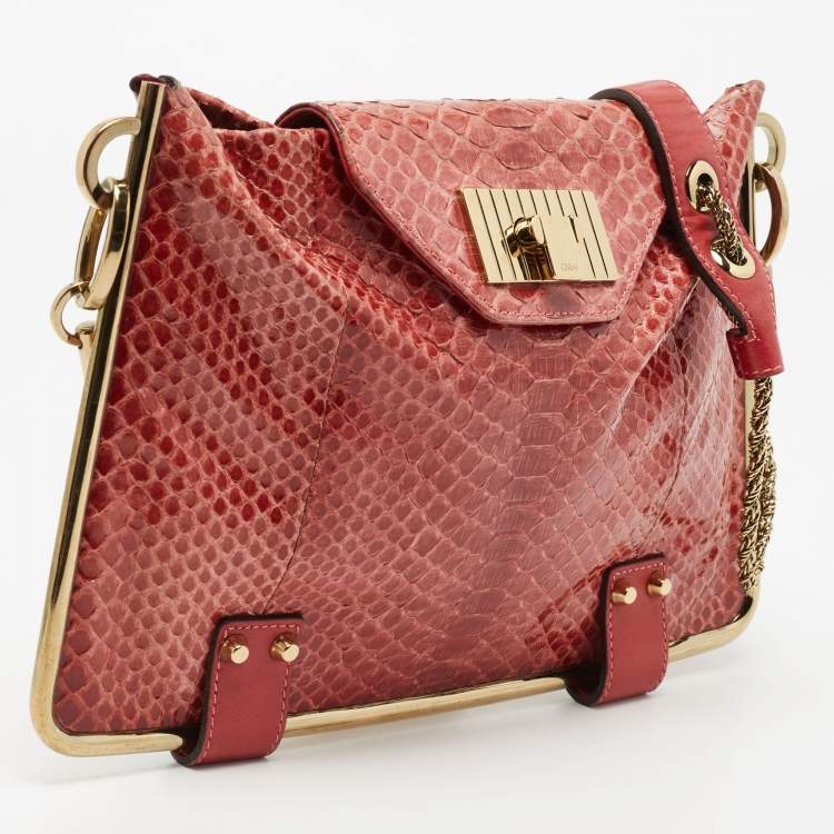 Pre Owned Chloe Burgundy Python Leather Sally Chain Flat Clutch