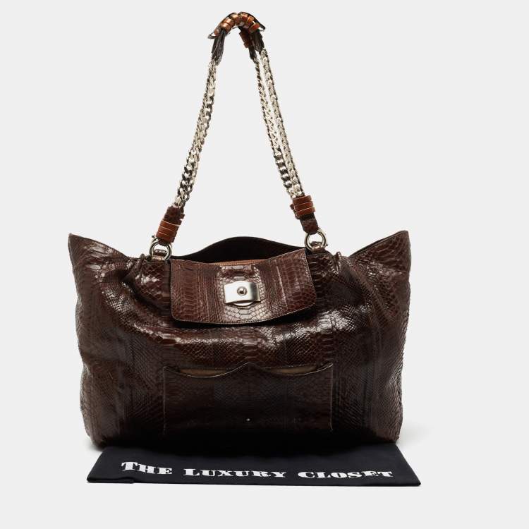 Pre Owned Chloe Brown Python Leather Chain Handle Tote