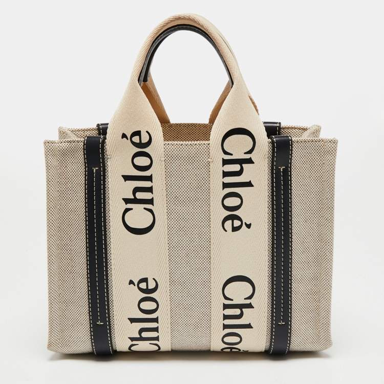 Pre Owned Chloe Beige/Black Canvas and Leather Small Woody Tote