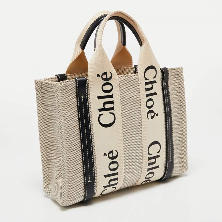 Pre Owned Chloe Beige/Black Canvas and Leather Small Woody Tote