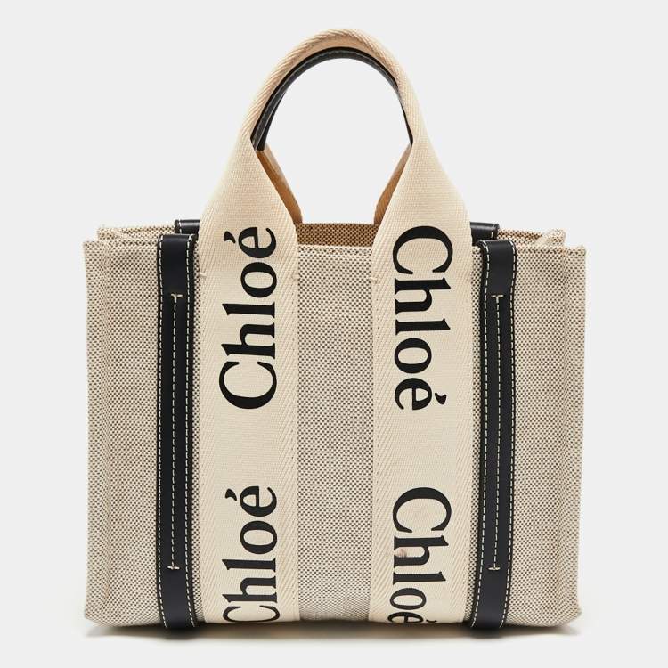 Pre Owned Chloe Beige/Black Canvas and Leather Small Woody Tote