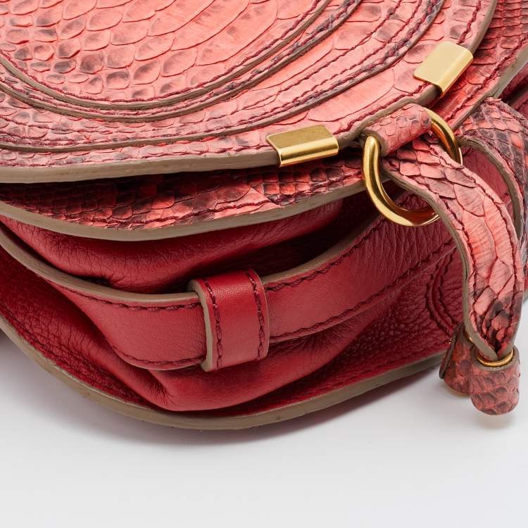 Pre Owned Chloe Peach Pink/Rust Red Python And Leather Mini Marcie Flap Shoulder Bag