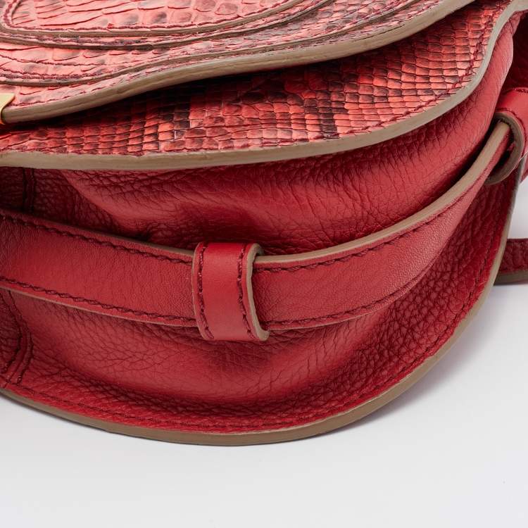 Pre Owned Chloe Peach Pink/Rust Red Python And Leather Mini Marcie Flap Shoulder Bag