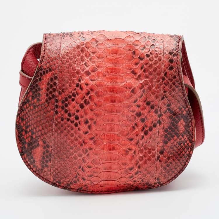 Pre Owned Chloe Peach Pink/Rust Red Python And Leather Mini Marcie Flap Shoulder Bag