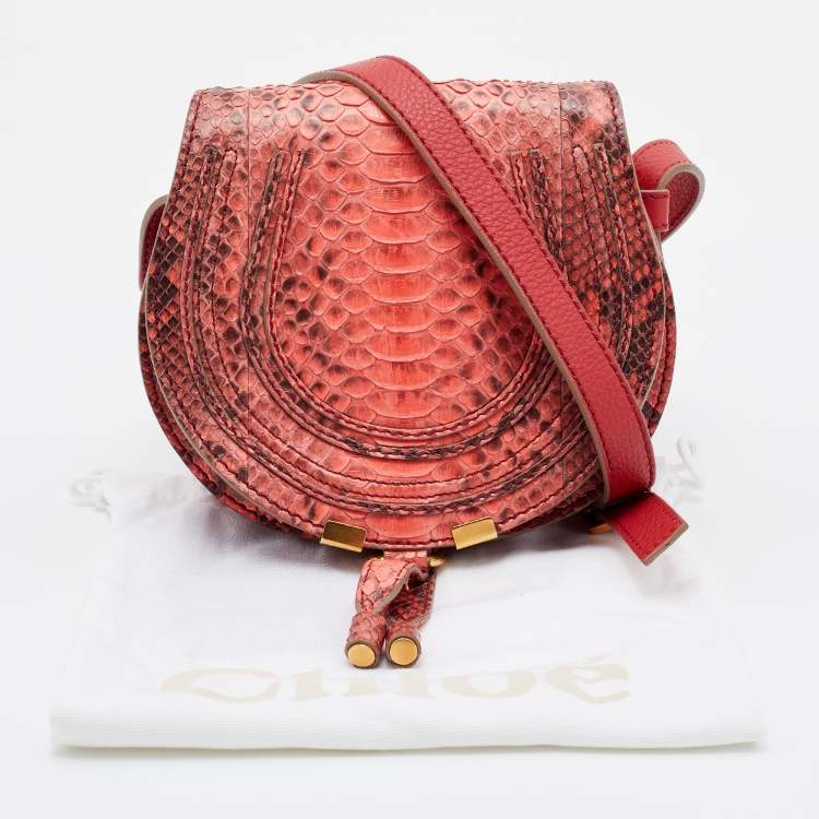 Pre Owned Chloe Peach Pink/Rust Red Python And Leather Mini Marcie Flap Shoulder Bag
