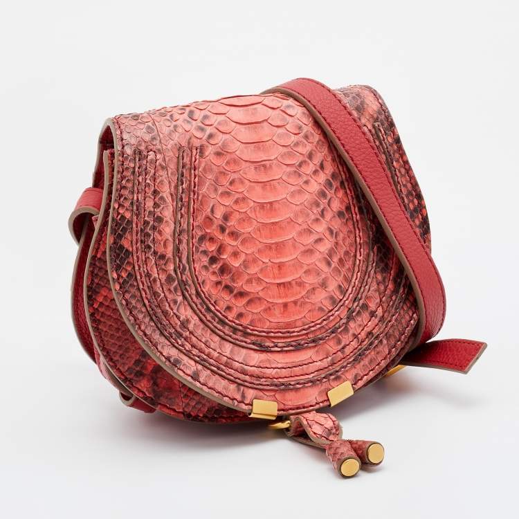 Pre Owned Chloe Peach Pink/Rust Red Python And Leather Mini Marcie Flap Shoulder Bag